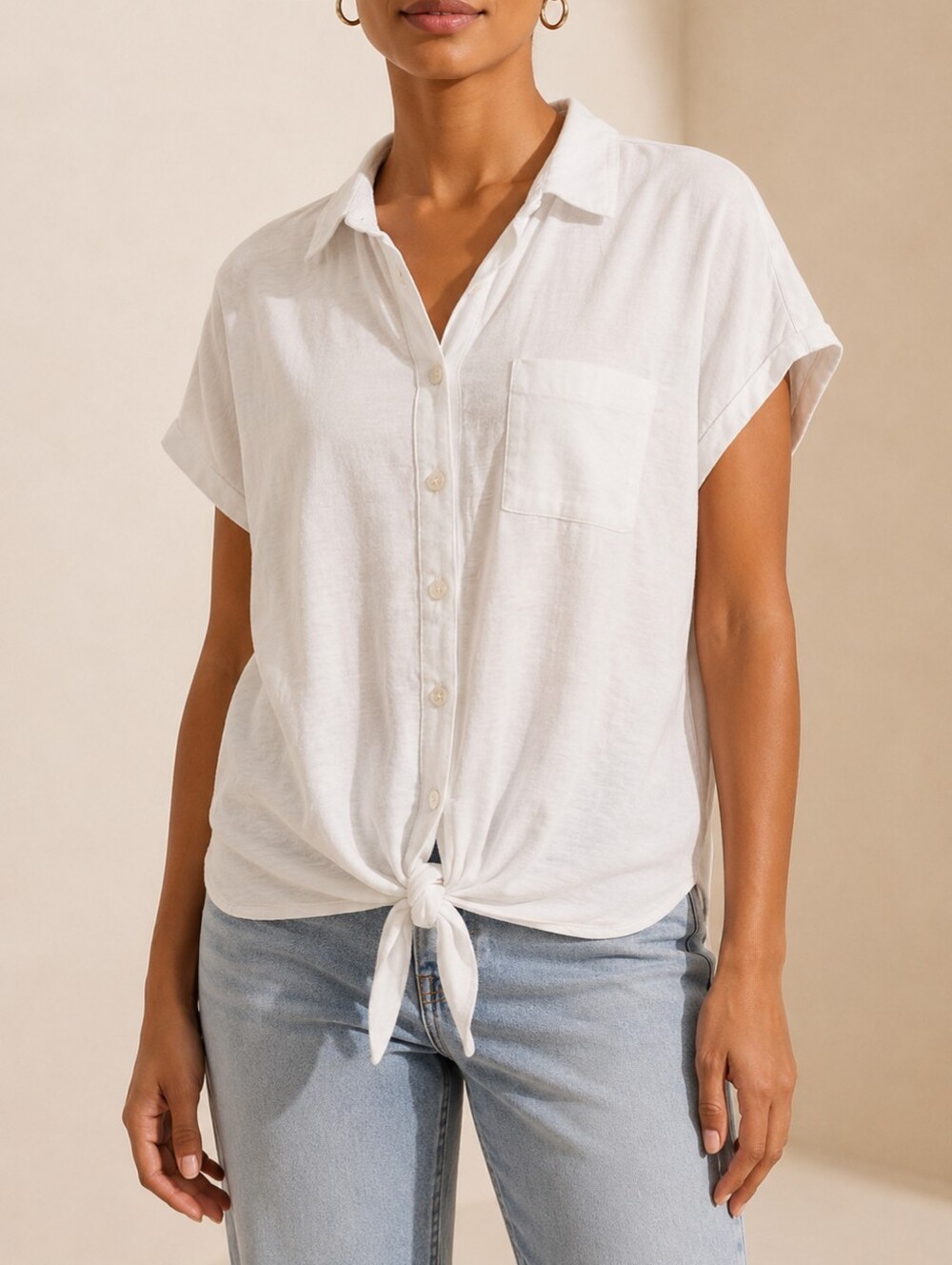 Buffalo David Bitton White Button-Front Tie-Hem Top 100%cotton